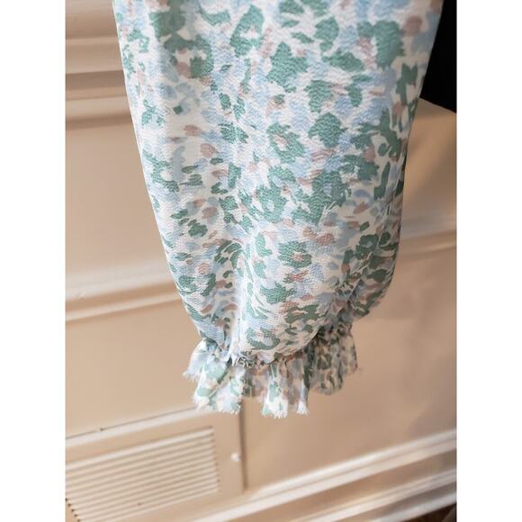 Millibon Blouse Top Womens L Green Floral Ruffled Smocked Tie Front Square Neck - Picture 11 of 12